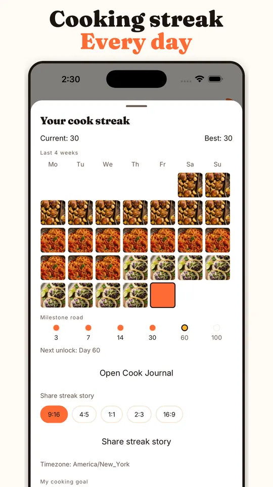 Keep a cooking streak, day by day.