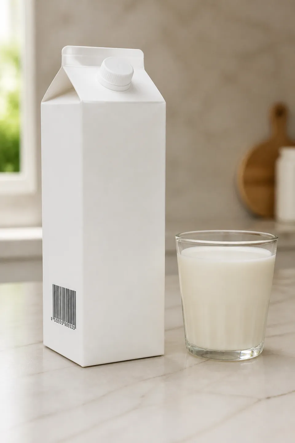 Grocery carton with a barcode on a kitchen counter