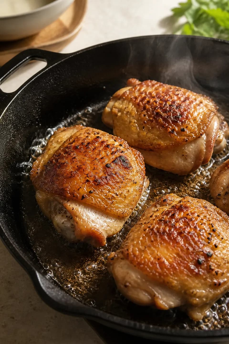 Recipe step showing chicken searing in a pan