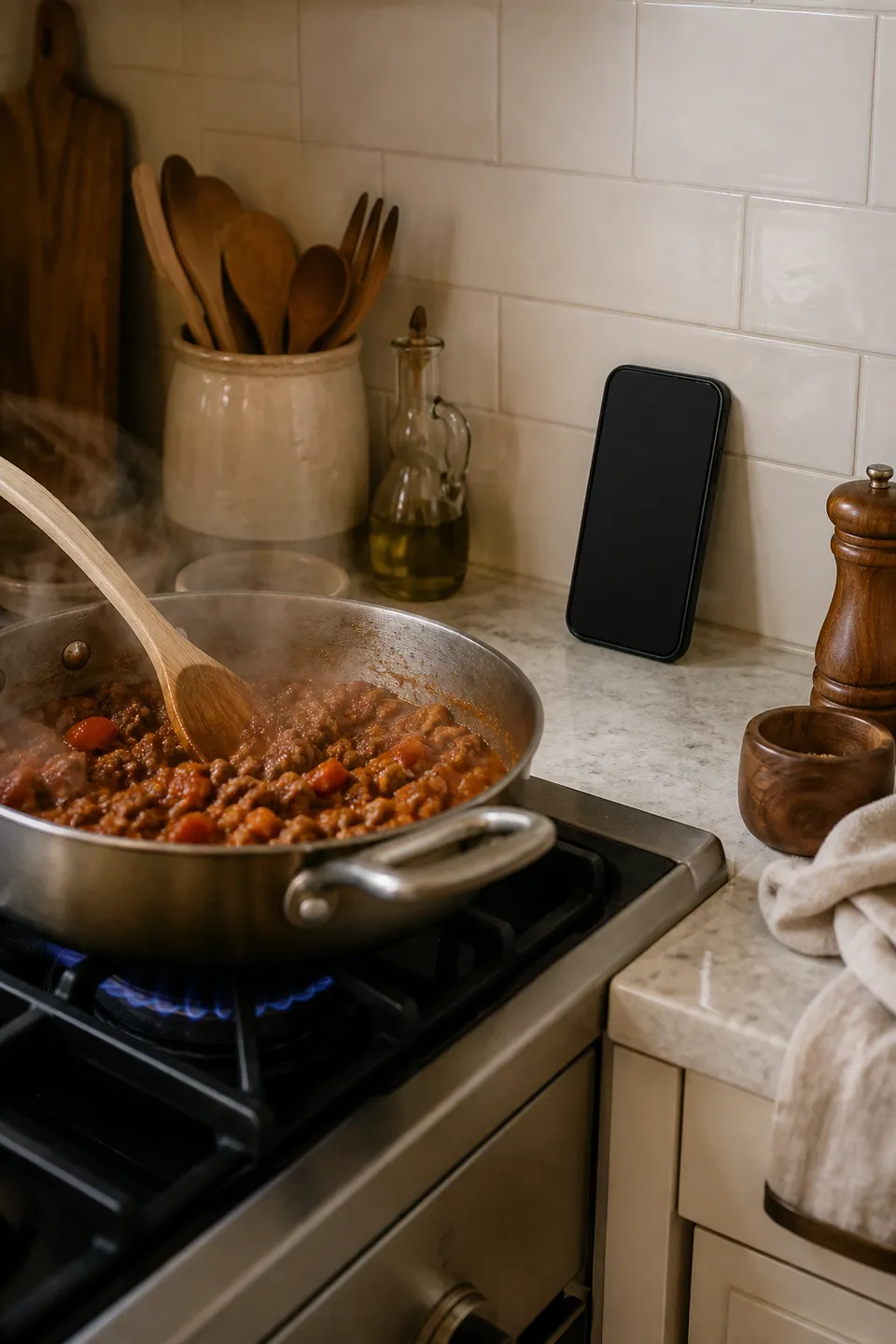 A pan simmering on the stove with the phone propped on the counter