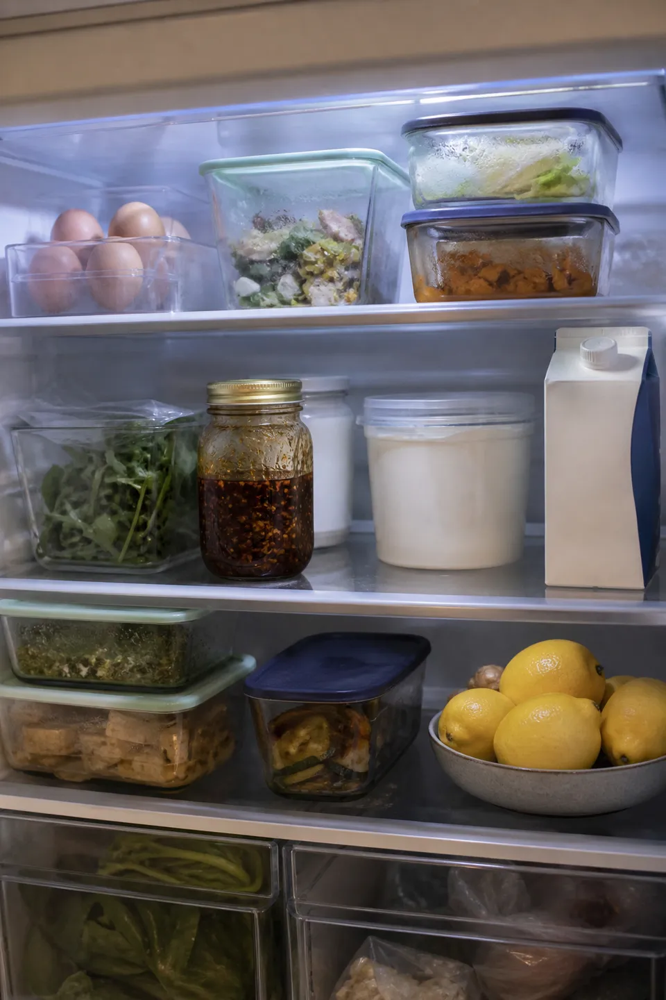 Open fridge shelf used as a pantry snapshot