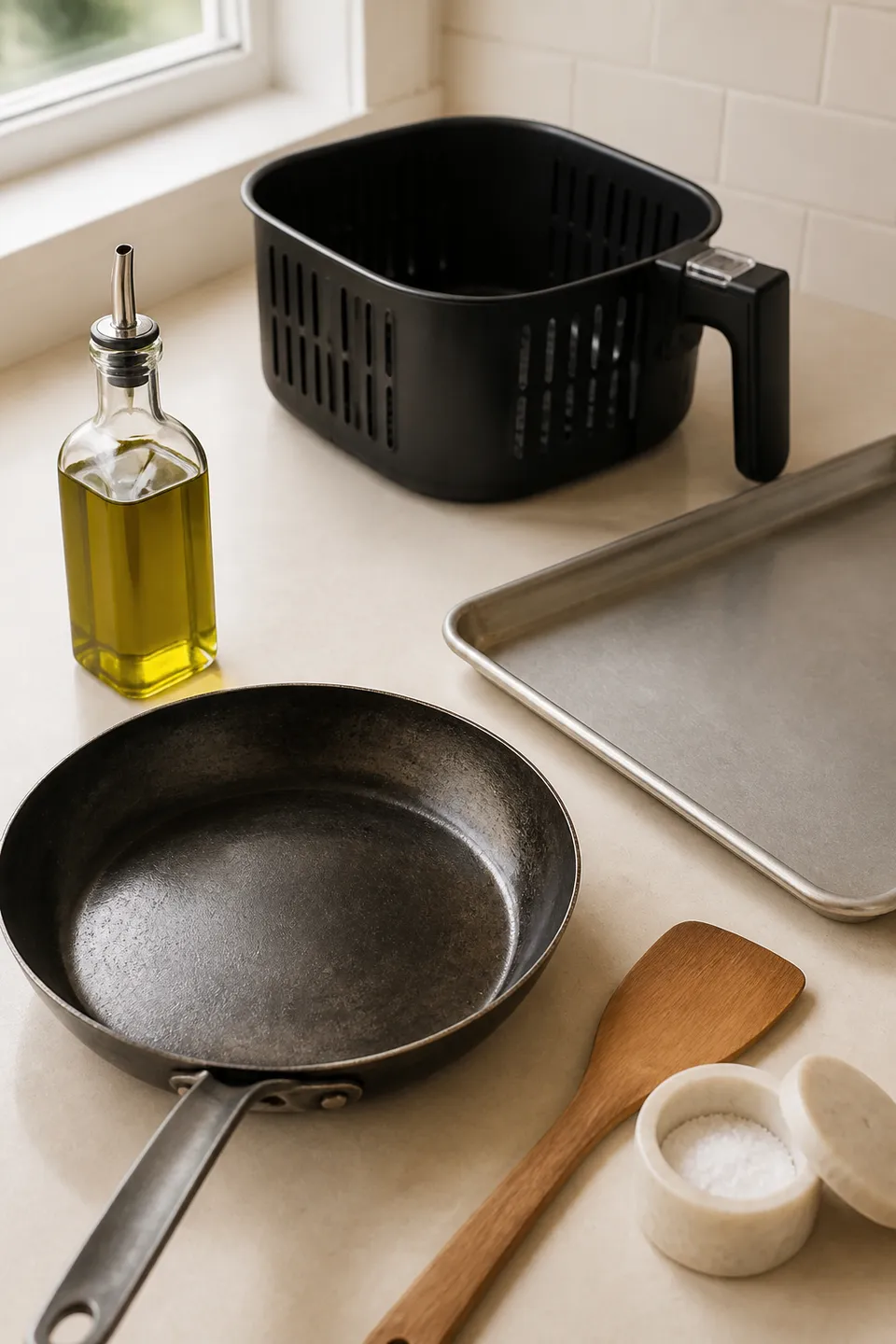 Skillet, sheet pan, and air fryer on a cream kitchen counter