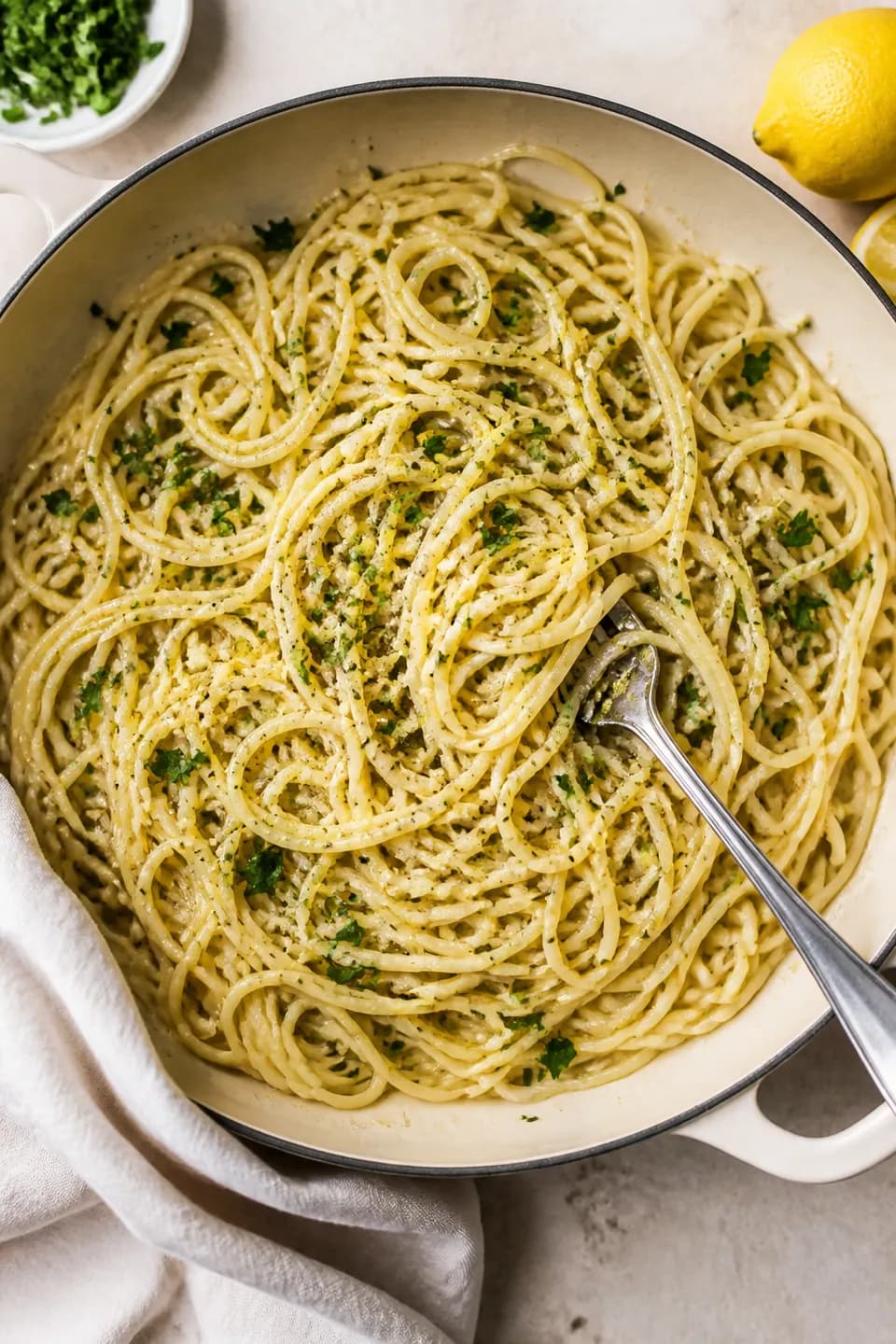 Lemon pasta in a skillet