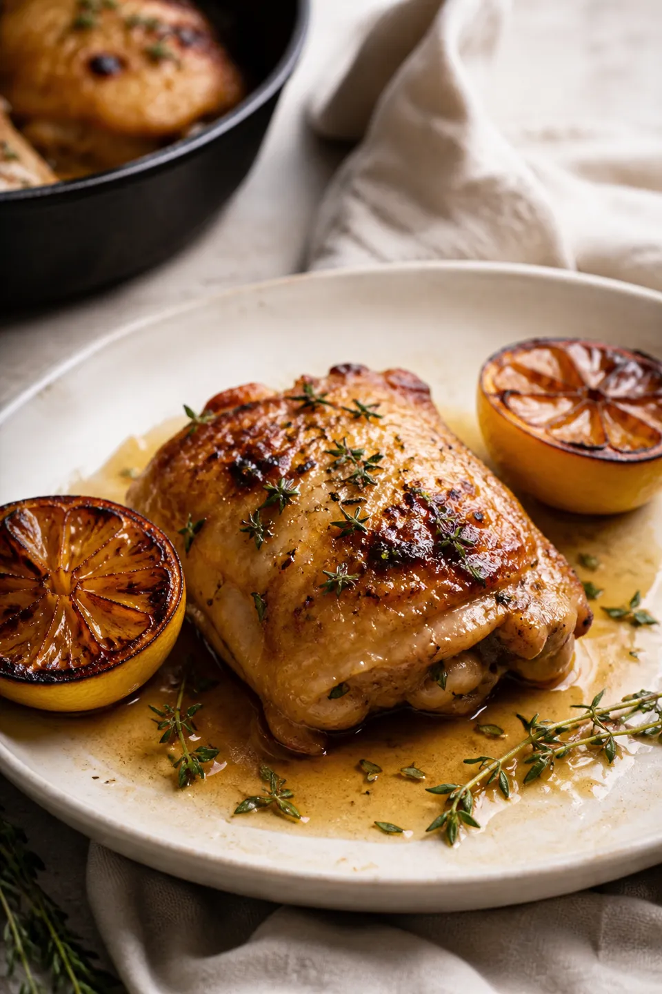 Skillet chicken recipe card with a plated thigh